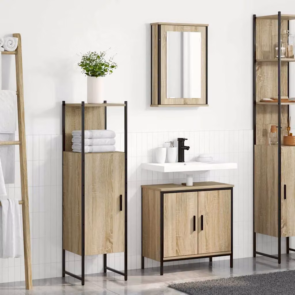 Set di mobili per il bagno moderno vidaXL in 3 pezzi marrone con specchio, mobile lavabo e mobile laterale L/P/H: 60 x 30 x 60 cm – 1