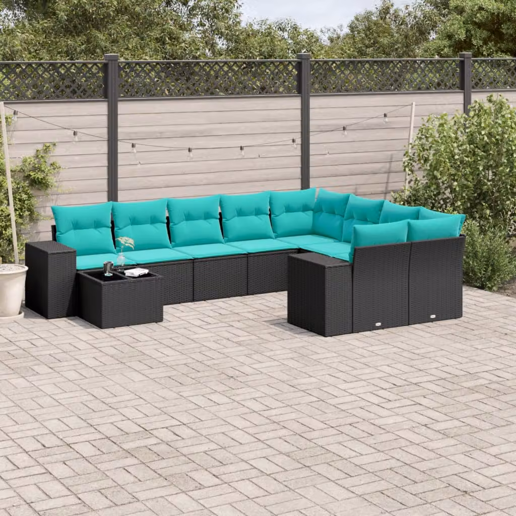 Set di divani da giardino vidaXL in polyrattan nero con cuscini e tavolino da esterno a forma di L per 10 persone