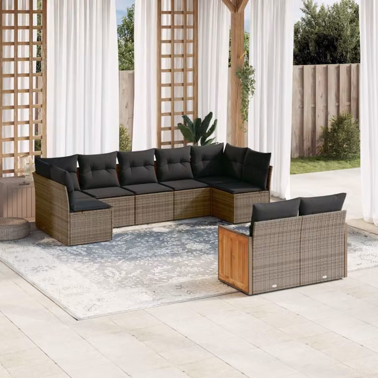 vidaXL Set Divano da Giardino a L 9 pz in Polyrattan e Legno di Acacia con Cuscini Grigio