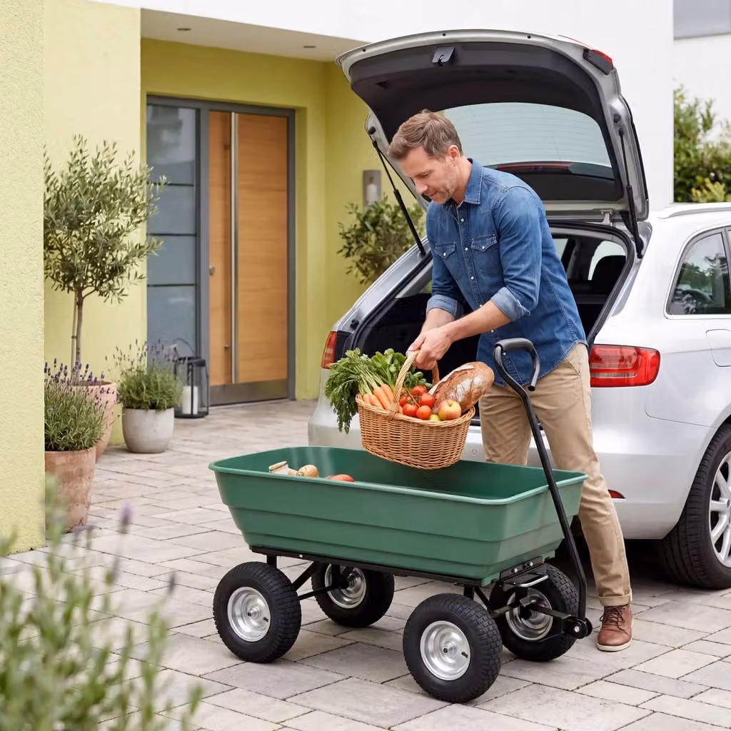 Carrello da giardino in metallo e plastica verde con vasca ribaltabile da 125 l, manico regolabile e ruote pneumatiche, portata 410 kg – 2