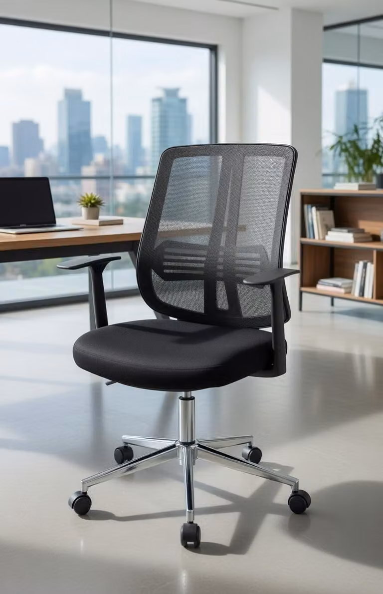 Elegante sedia da ufficio con schienale in rete e robusta struttura in metallo