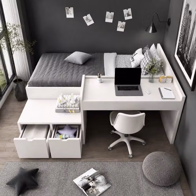 Letto singolo ULEVR 90x200 cm con scrivania, 2 cassetti e vano sottoletto, pino massello e MDF bianco