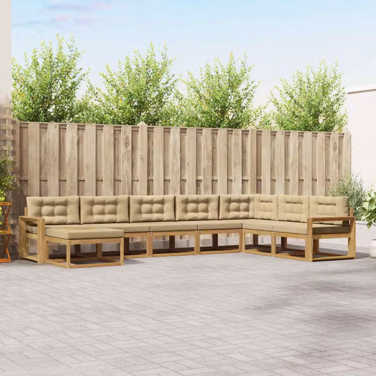 vidaXL Set di divani da esterno a L in legno di acacia con pouf e cuscini, Bianco e Beige