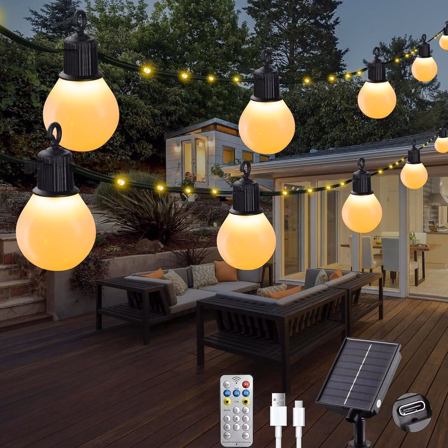 Catena luminosa solare, 10 metri, 100 LED, luce calda, grado di protezione IP65, con telecomando