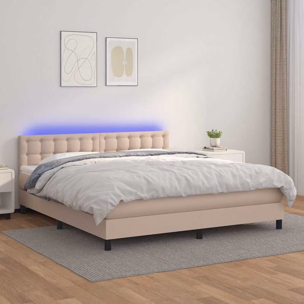 vidaXL Letto con Giroletto a Molle e Illuminazione LED in Similpelle Cappuccino L/P: 160 x 200 cm – 1
