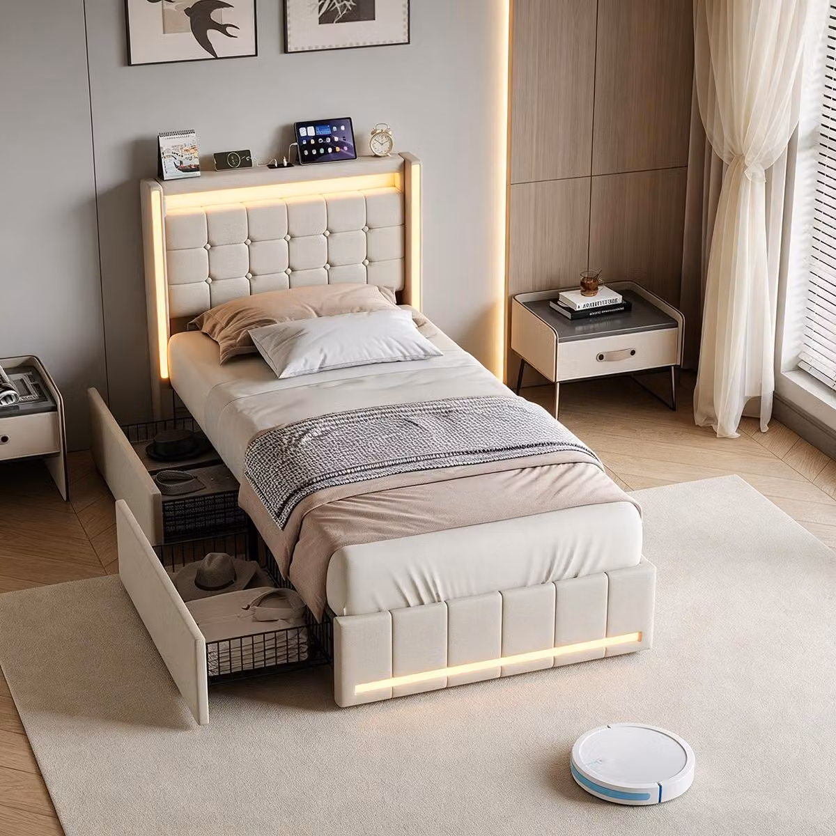 Letto per bambini INONEFT, 90x200 cm, con 2 cassetti, illuminazione LED e porta USB-C – Letto per adolescenti, letto imbottito a una piazza con rete a doghe, struttura letto multifunzionale, tessuto in lino, color beige