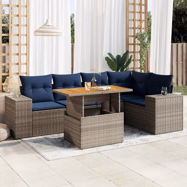 Set da giardino moderno vidaXL composto da 6 pezzi con cuscini in poliestere resistente ai raggi UV e struttura in metallo, colore grigio e blu – 1