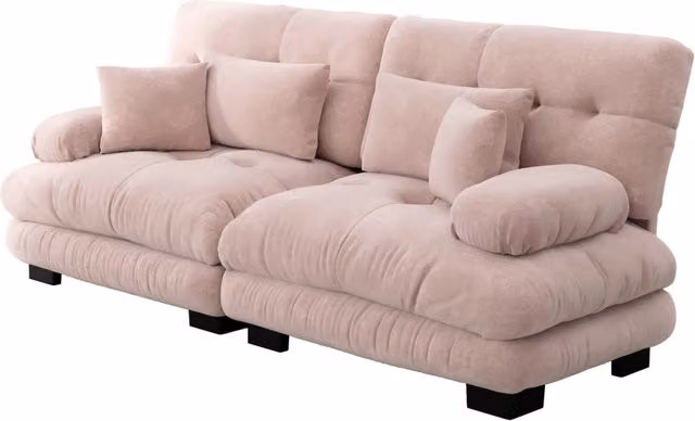 Divano angolare Cloud in chenille rosa con telaio in legno massello, comprensivo di 2 cuscini lombari e 2 cuscini decorativi