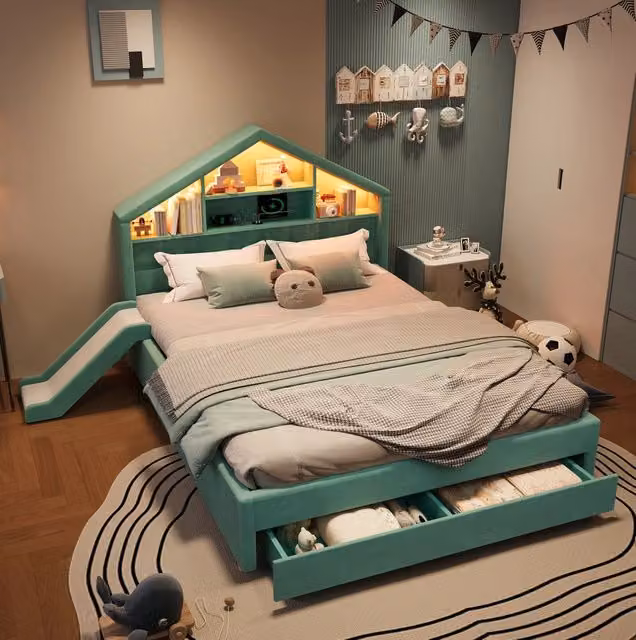 Letto per bambini imbottito 140x200 cm blu verde con scivolo montabile su entrambi i lati; LED e vano contenitore