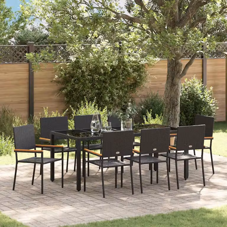 Set da pranzo per giardino vidaXL in polyrattan e legno di acacia nero e marrone con tavolo in vetro per 9 persone