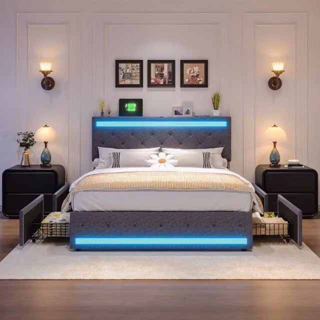 Letto Matrimoniale 160x200 cm con 4 Cassetti; Struttura Letto Imbottito con Luci LED e Porta USB; Testiera in Lino; Senza Materasso; Grigio