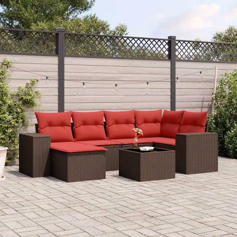 Set da giardino vidaXL in polyrattan marrone con 7 pezzi, composto da divani ad angolo, pouf e tavolino da caffè con cuscini inclusi