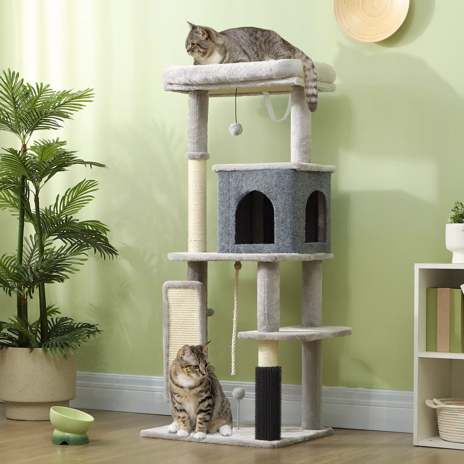 Albero per gatti multilivello PawHut con casetta, lettino e tiragraffi in sisal, Grigio, Altezza: 132 cm – 2