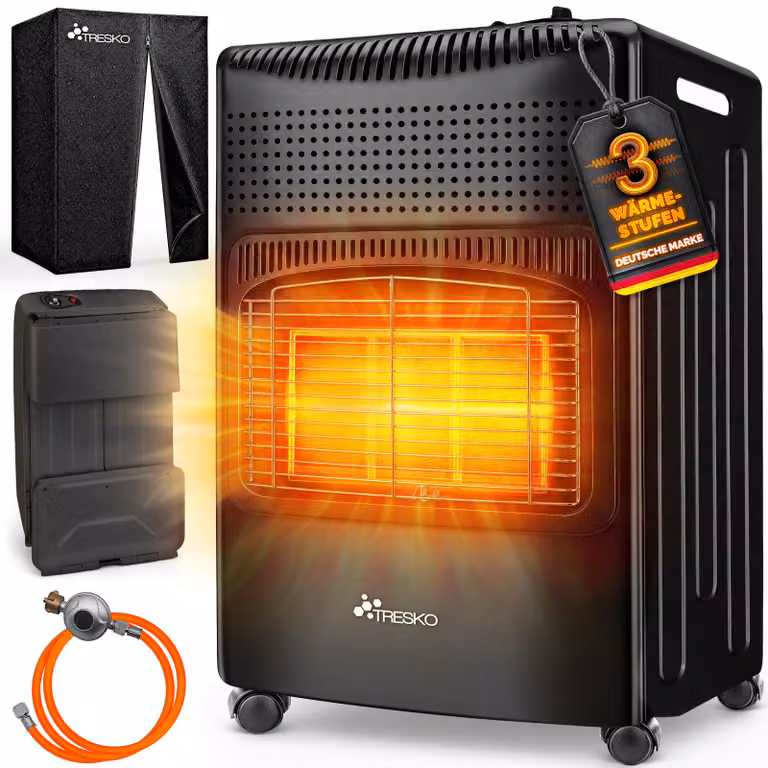 TRESKO® 4200 Watt riscaldatore a gas nero incl. regolatore di pressione del gas tubo flessibile del gas + coperchio | stufa a gas riscaldatore a gas in Vetroceramica con 3 livelli | riscaldatore a gas a infrarossi riscaldatore radiante per bombole di gas