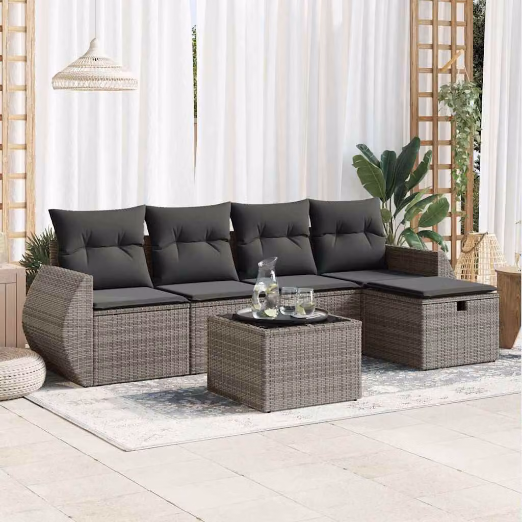 Set Divano da Giardino vidaXL 6 pz a L in Polyrattan Grigio con Cuscini e Tavolino