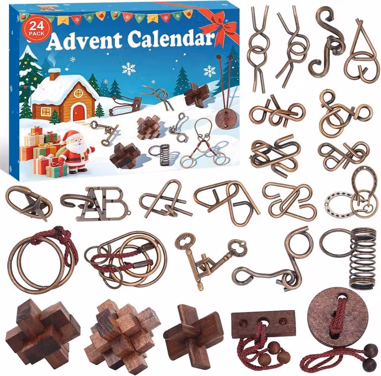 Calendario dell'Avvento 2026, 24 puzzle in legno e metallo, per bambini e adulti, divertimento con i puzzle