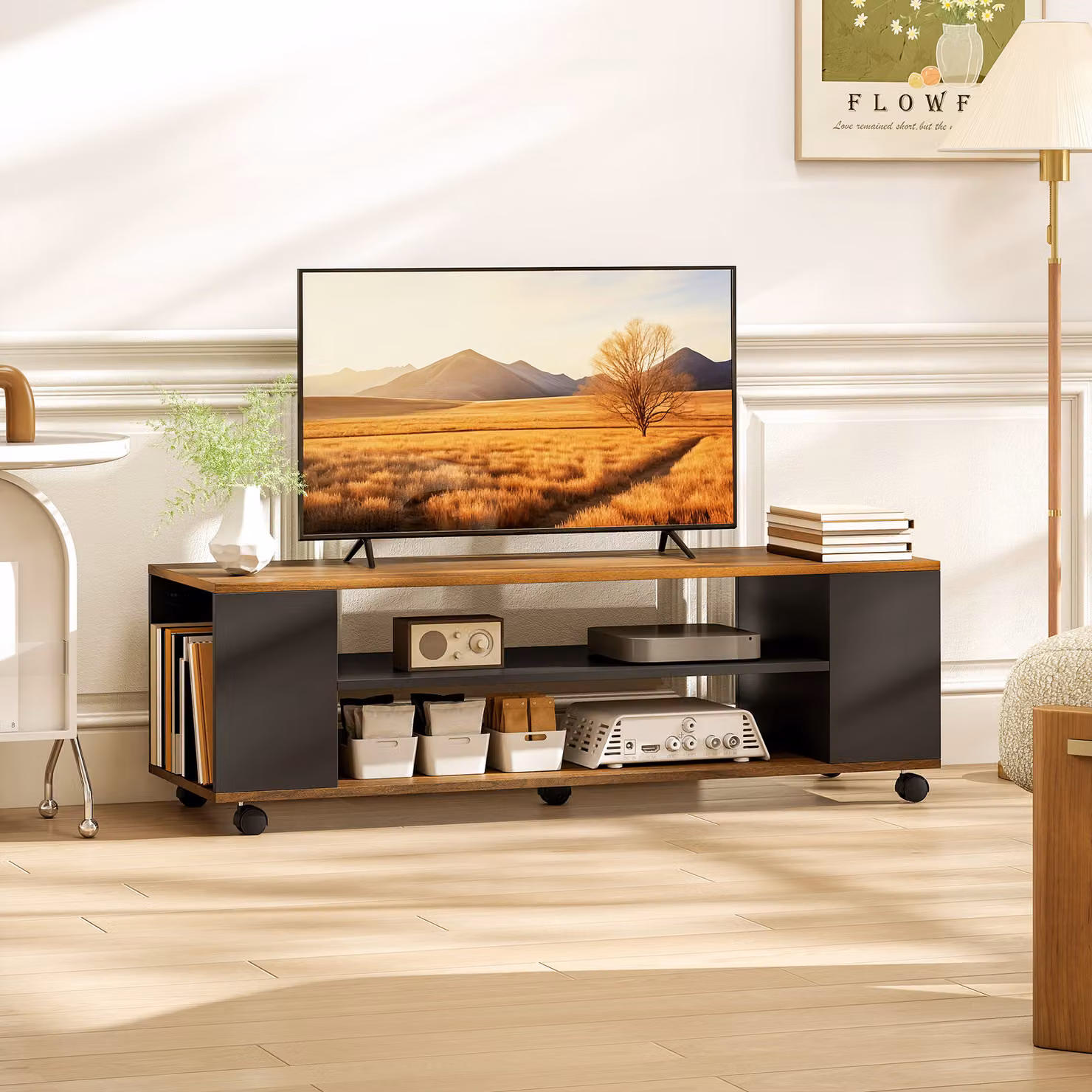 Mobile TV HOMCOM con ruote e 4 ripiani per TV fino a 55 pollici, L/P/H: 120 x 40 x 38,5 cm, Noce e Nero – 2