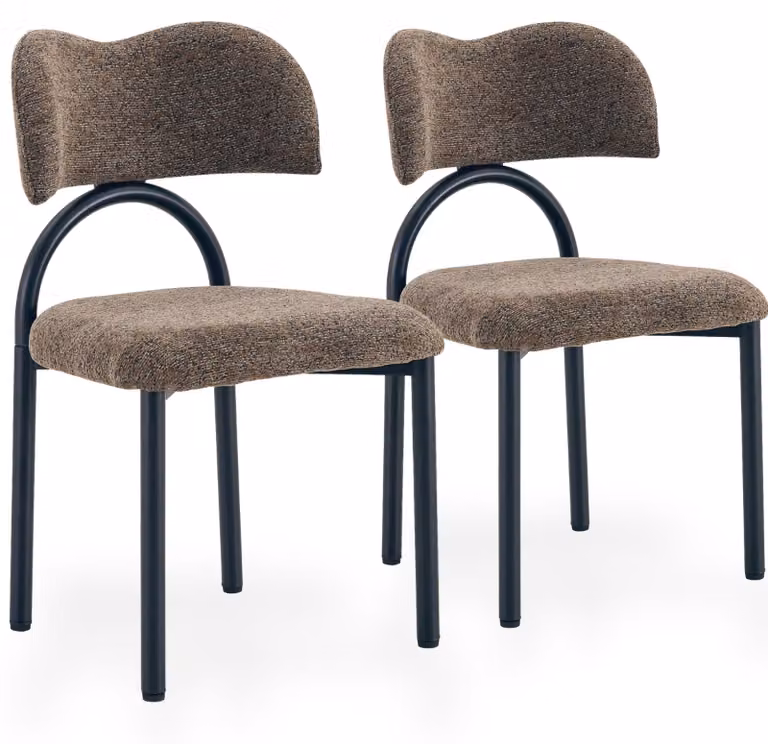 Set di 2 sedie da pranzo imbottite, con schienale curvo e gambe in metallo, colore marrone