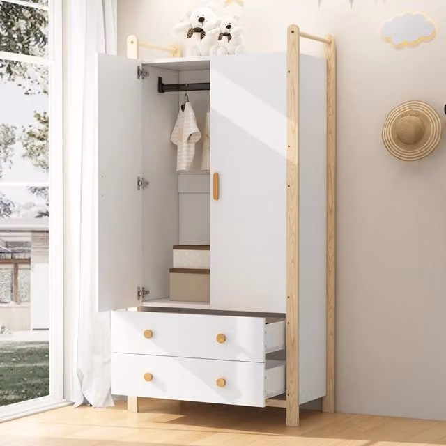 Armadio a 2 ante con asta appendiabiti e 2 cassetti, bianco e naturale, per camera da letto, 89,6 × 44 × 180,5 cm