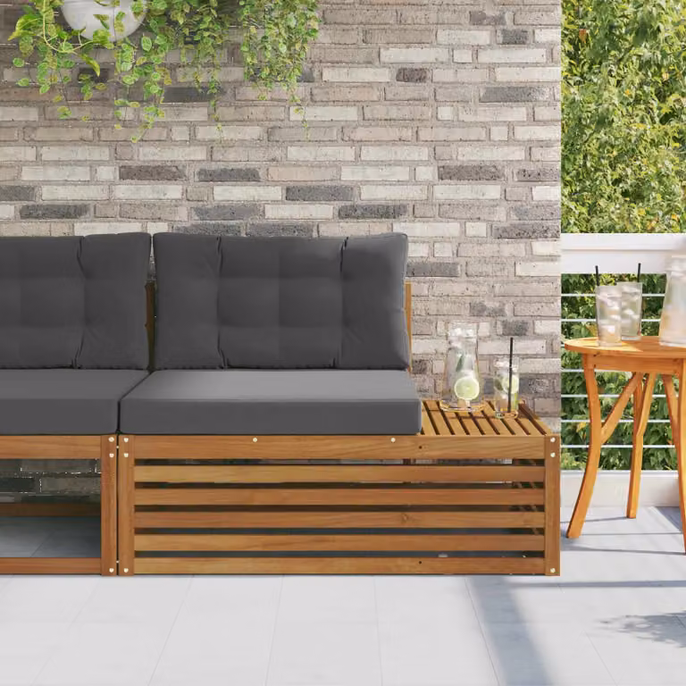 Divano da esterno moderno vidaXL in legno di acacia con cuscini, colore marrone e grigio, L 115 x P 83 x H 73 cm