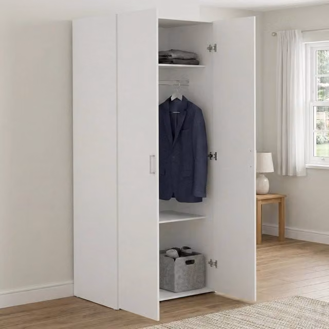 Armadio guardaroba DMORA a due ante battenti con ripiani e appendiabiti, bianco, L: 77 cm, H: 175 cm, P: 49 cm