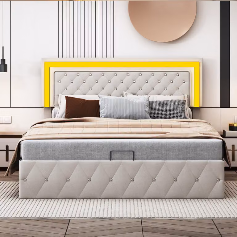 Letto matrimoniale con boxspring, imbottito, 160x200 cm, con illuminazione LED, dotato di meccanismo a sollevamento idraulico per lo spazio contenitivo, struttura letto per giovani con cassettone e rete a doghe, rivestito in velluto color beige