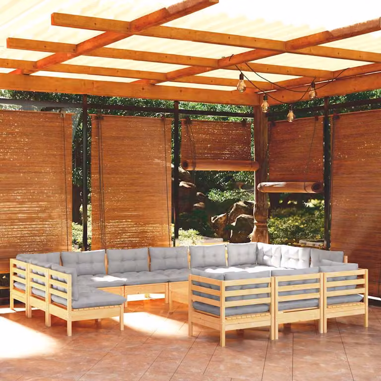 Set di Divani da Giardino vidaXL 14 Pezzi in Legno di Pino con Cuscini Grigi Moderni a Forma di L