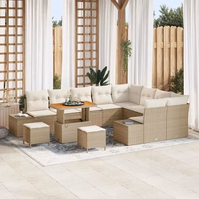 Set Divano da Giardino vidaXL a Forma a U con 11 Posti, Colore Beige, con Tavolino, Ottoman e Cuscini Inclusi