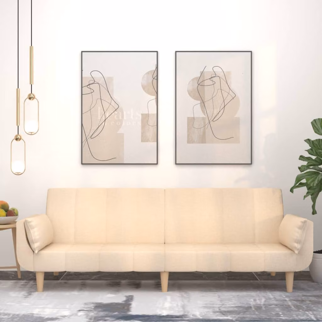 vidaXL Divano Letto Click-Clack a 2 Posti in Tessuto Beige con Cuscini e Struttura in Legno Solido, Dimensioni Letto: 90 x 200 cm