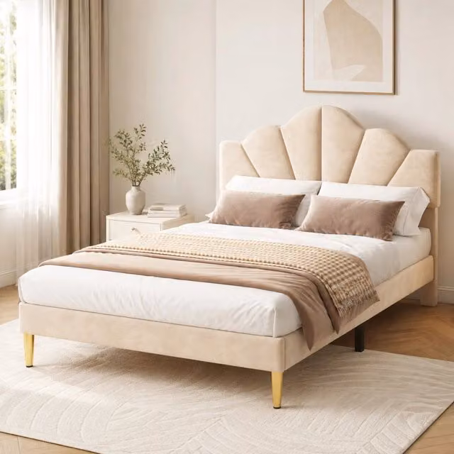 Letto imbottito 140 × 190 cm con testiera regolabile rivestito in velluto beige e rete a doghe