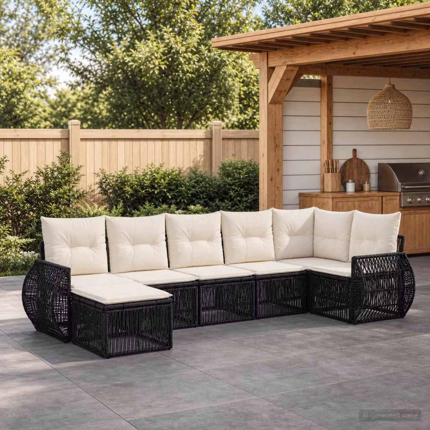 Maison Exclusive - Set da giardino composto da 7 pezzi. Divano da giardino in rattan sintetico, colore nero e crema