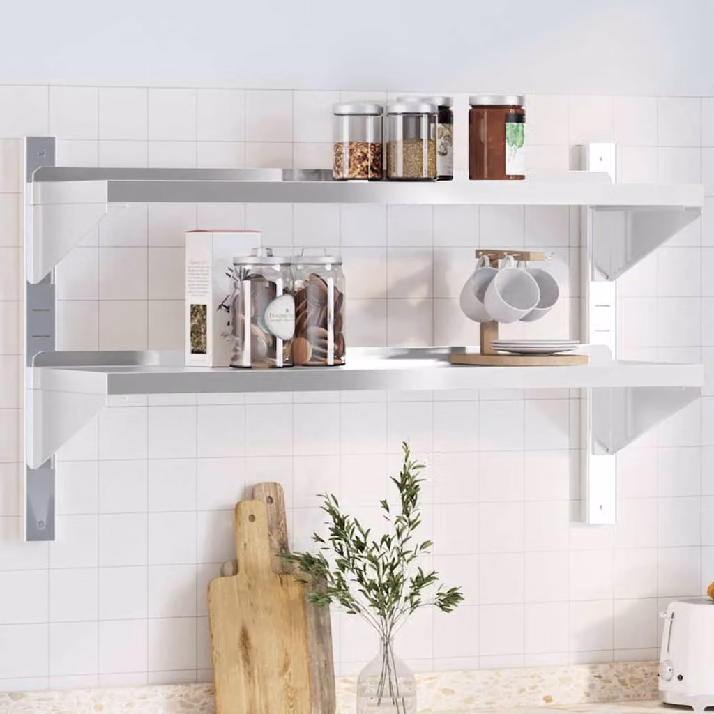 vidaXL Mensola da muro con 2 ripiani in acciaio inossidabile argento L: 100 cm, P: 30 cm, H: 60 cm