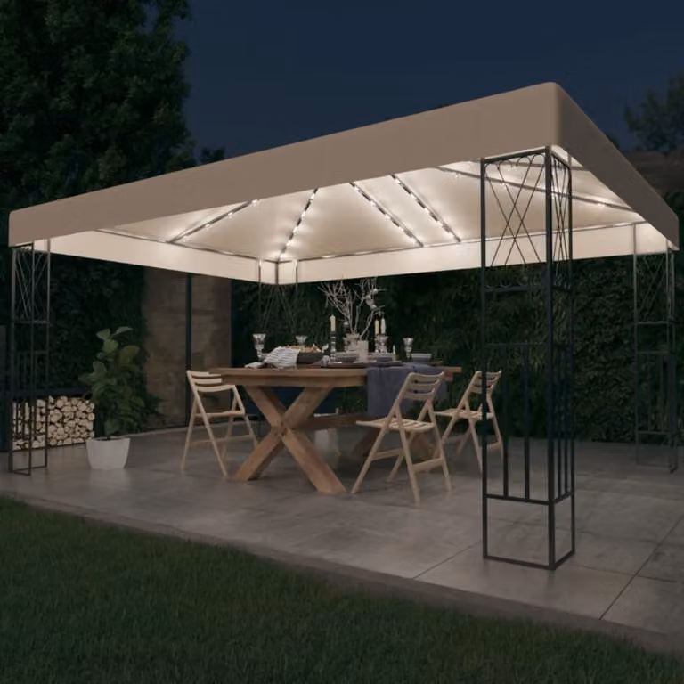 Padiglione The Living Store con ghirlanda luminosa a LED, 3x4 m, tessuto color crema
