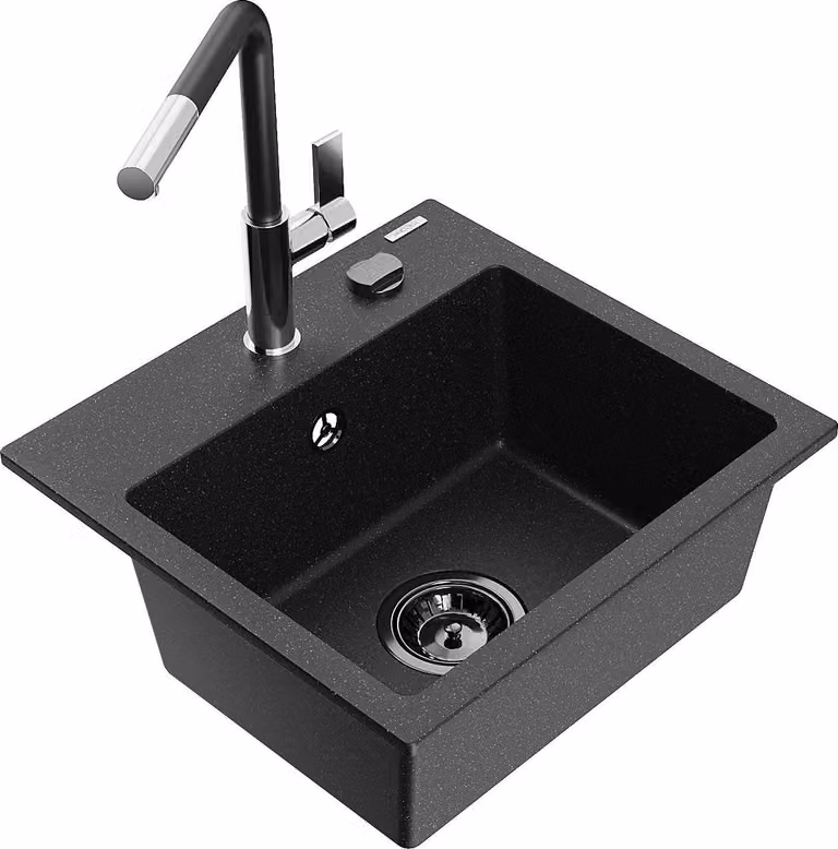 Mexen Milo lavello in granito da cucina 1-vasca con miscelatore Flora, nero/argento metallizzato - 6505-73-670401-07-B