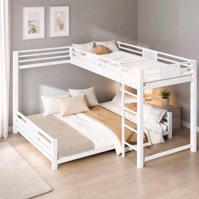 Letto a castello a L in metallo 90x200/140x200; bianco