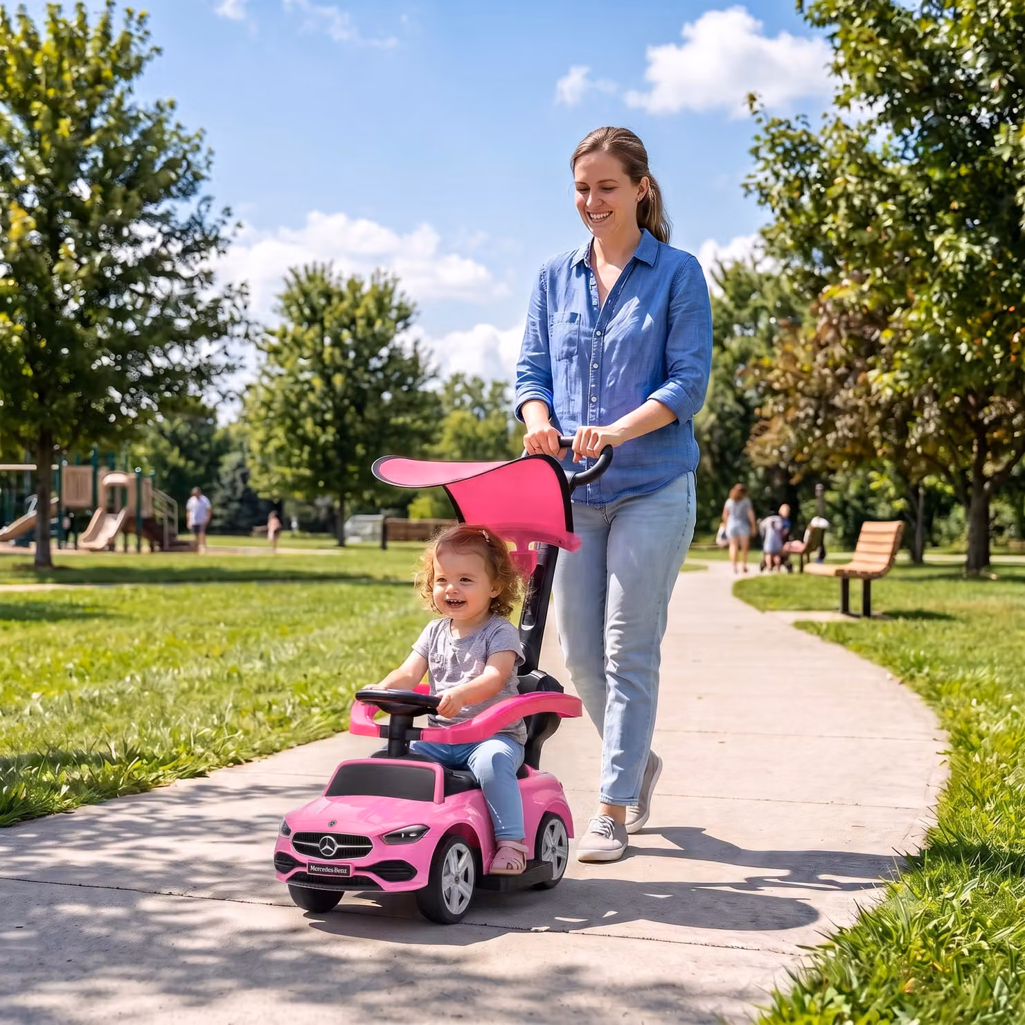 AIYAPLAY Auto a spinta 3 in 1 Mercedes-Benz per bambini con sponde e clacson, Rosa, L 83 x P 40 x H 90 cm – 2