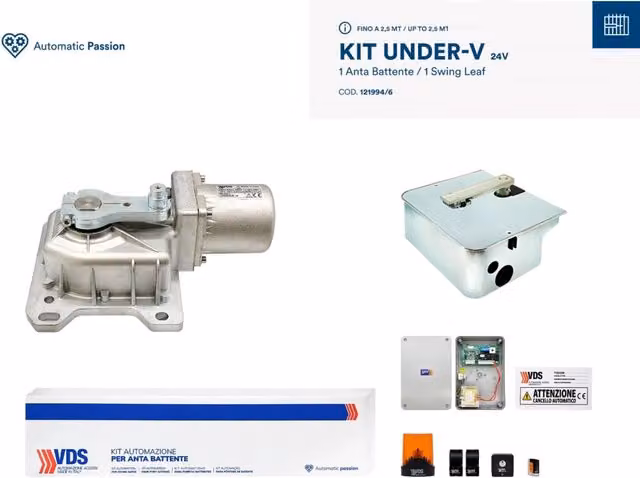 Kit per 2 ante di cancelli a battente VDS Under-V 230V da 5 metri, zincato argento
