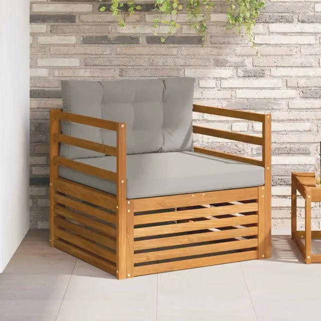 Divano da esterno moderno in legno di acacia massello con cuscini in poliestere grigio per giardino e terrazza
