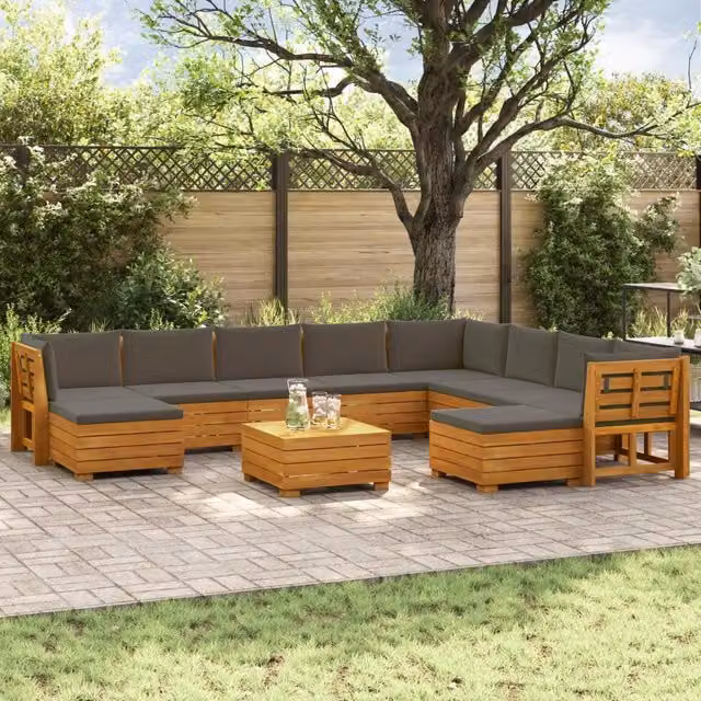Set di 11 pezzi di divani da esterno vidaXL in legno di acacia massello marrone con cuscini e tavolino da giardino a forma di L
