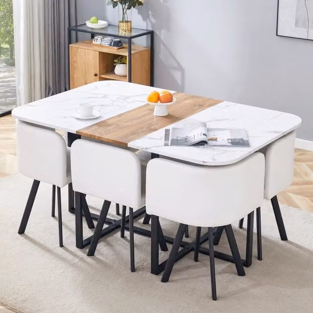 Set tavolo da pranzo e sedie con tavolo allungabile per 4-6 persone in MDF, metallo e PU bianco, nero e naturale
