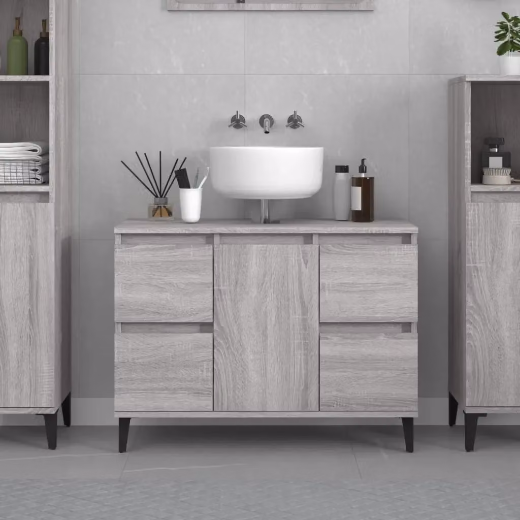 Mobile Lavabo Moderno Grigio Opaco con Ante e Cassetti in Legno e Metallo, L: 80 cm, P: 33 cm, H: 60 cm – 2