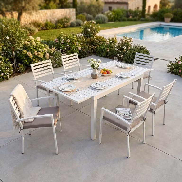 Milani Home - Set Tavolo Giardino Allungabile Rettangolare 160/240 Con 6 Poltrone In Alluminio Tortora Per Esterno - Tortora