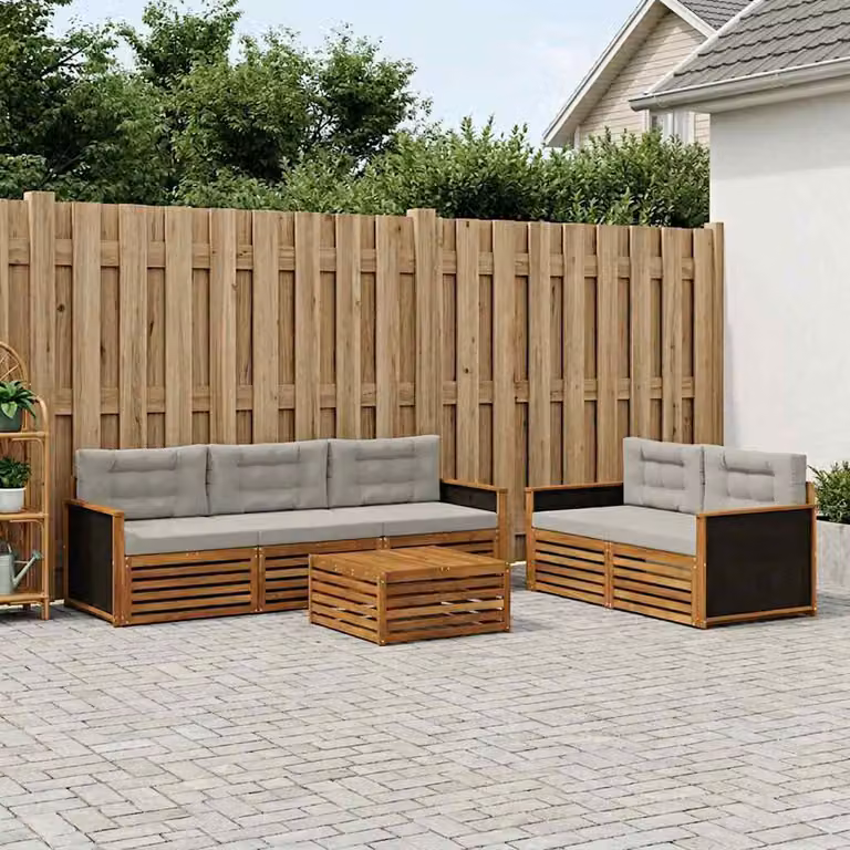 Set di divani da esterno vidaXL 6 pz in legno di acacia con tavolo da caffè e cuscini, beige e grigio