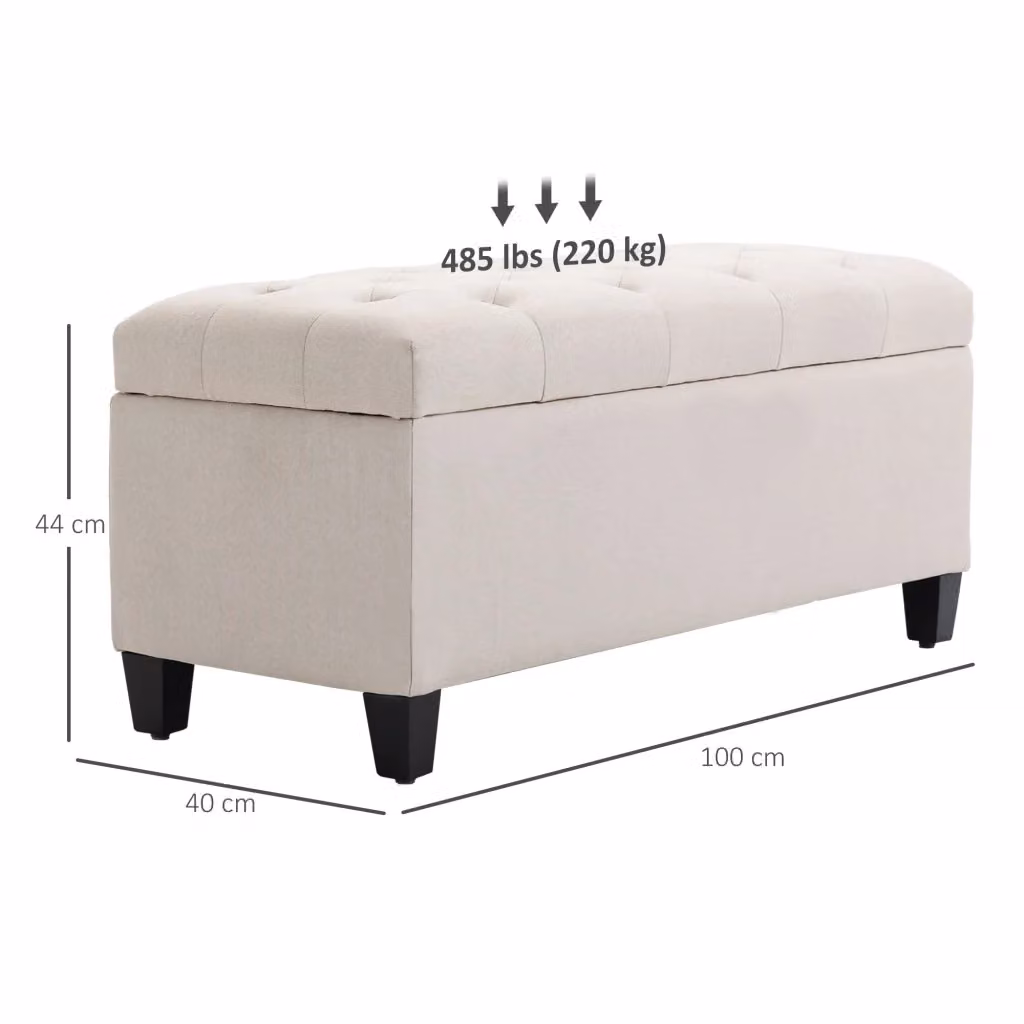 Panca imbottita con contenitore WISHDOR in tessuto beige e bianco con gambe in legno di caucciù, L: 120 cm, P: 40 cm, H: 44 cm – 2