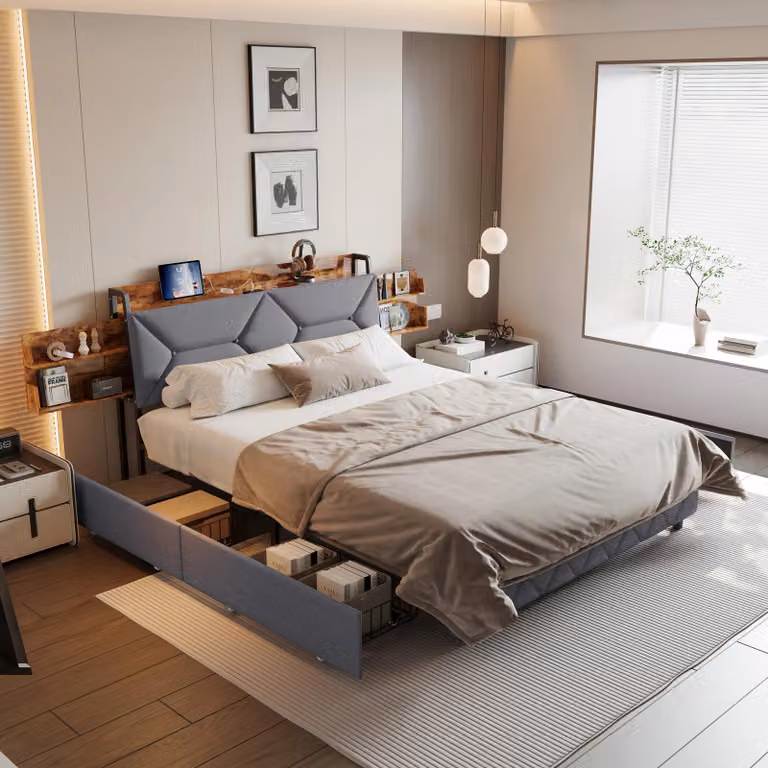 Letto imbottito - Struttura del letto - 160 x 200 cm - 4 cassetti - Spazio contenitivo nascosto nella testiera - Retino letto - Rivestimento in lino - Grigio