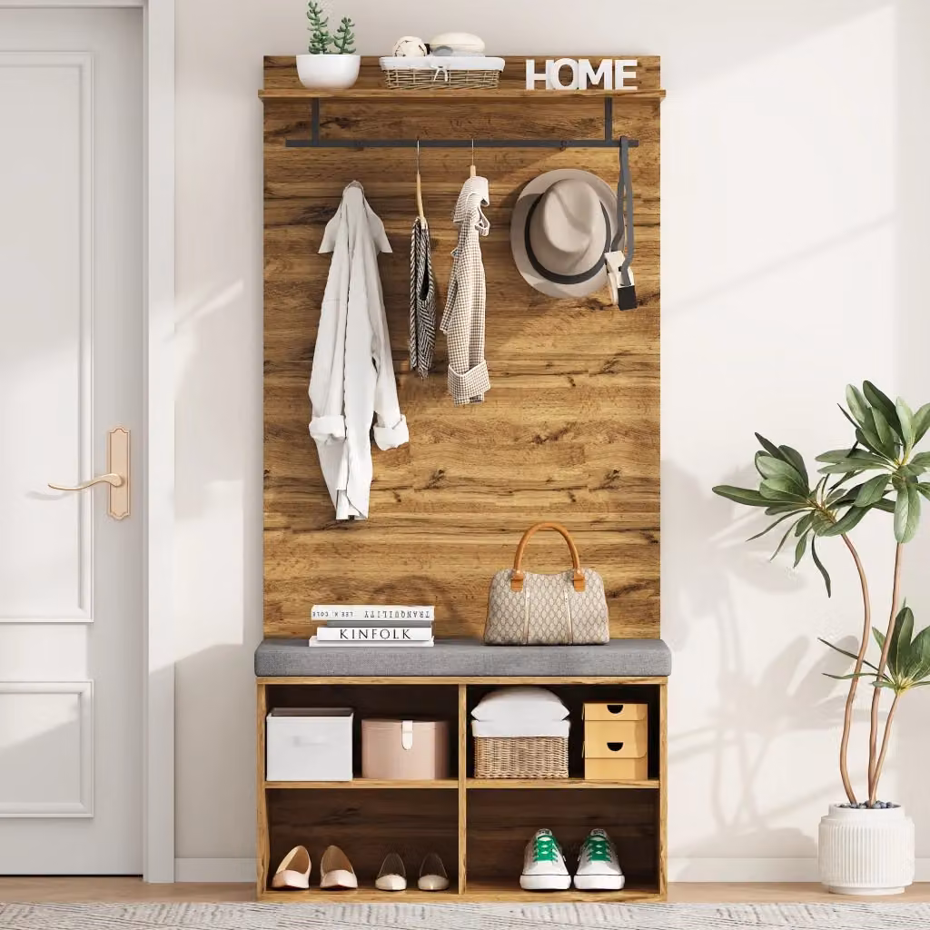 Mobili da ingresso Chicfurn con panca porta scarpe imbottita, 2 ganci, ripiano regolabile e asta, colore marrone, L/P/H: 84 x 35 x 175 cm – 2