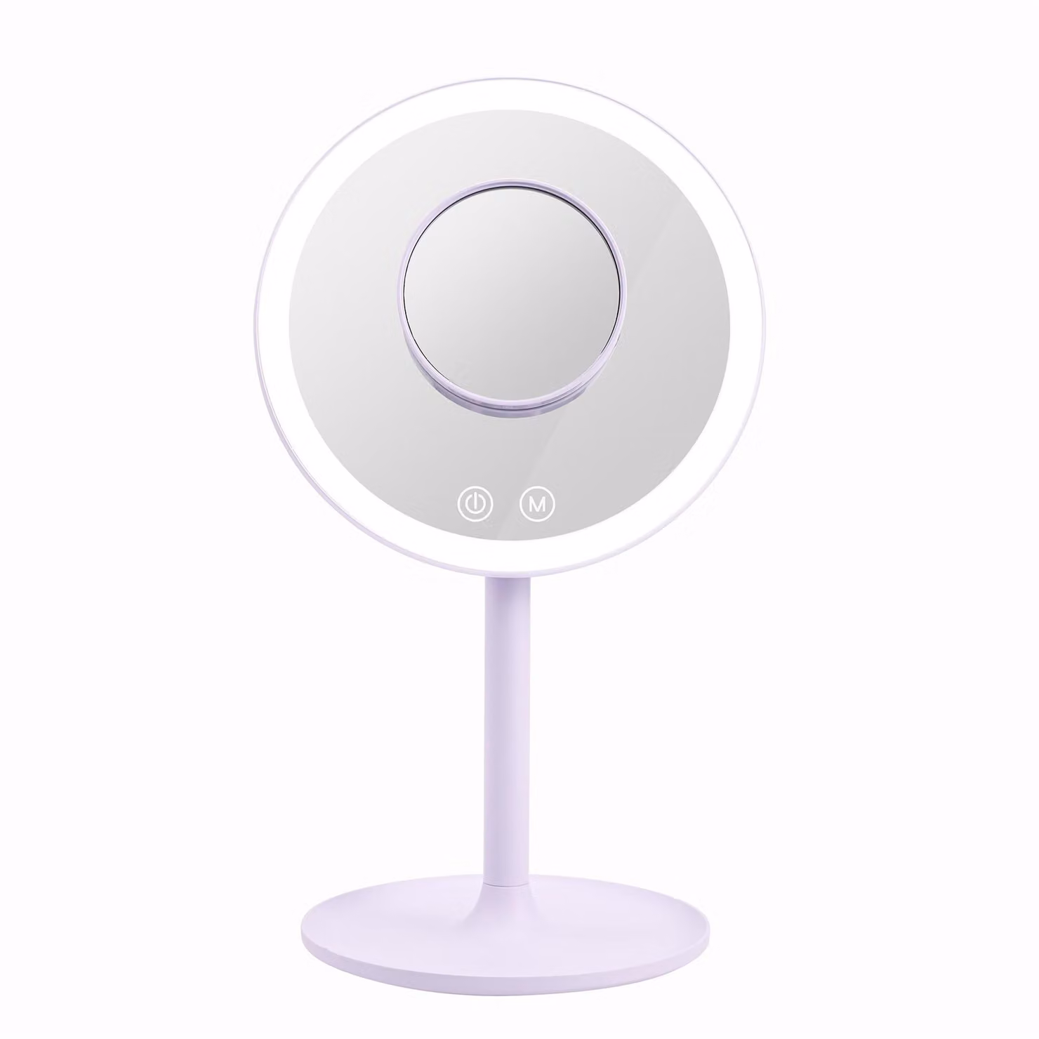 Specchio cosmetico LED EMKE con 3 tonalità di luce, ingrandimento 1x/3x, interruttore touch e funzione di memoria, lente d'ingrandimento per specchio da bagno, colore viola