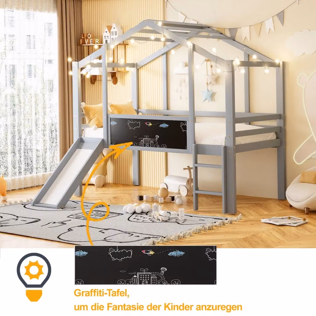 Letto a soppalco REDOM per bambini in legno grigio con scivolo e scala, L/P: 200 x 90 cm – 2