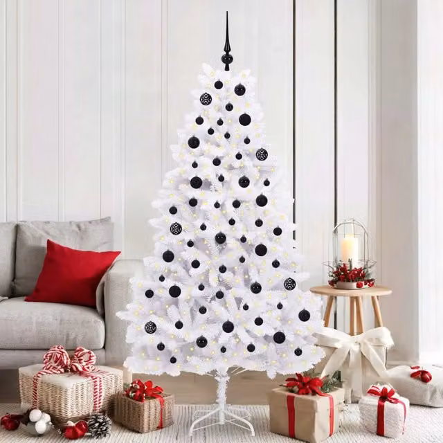Albero di Natale Artificiale Bianco con Luci LED RGB vidaXL, Rami Pieghevoli in PVC e Metallo, Stile Minimalista
