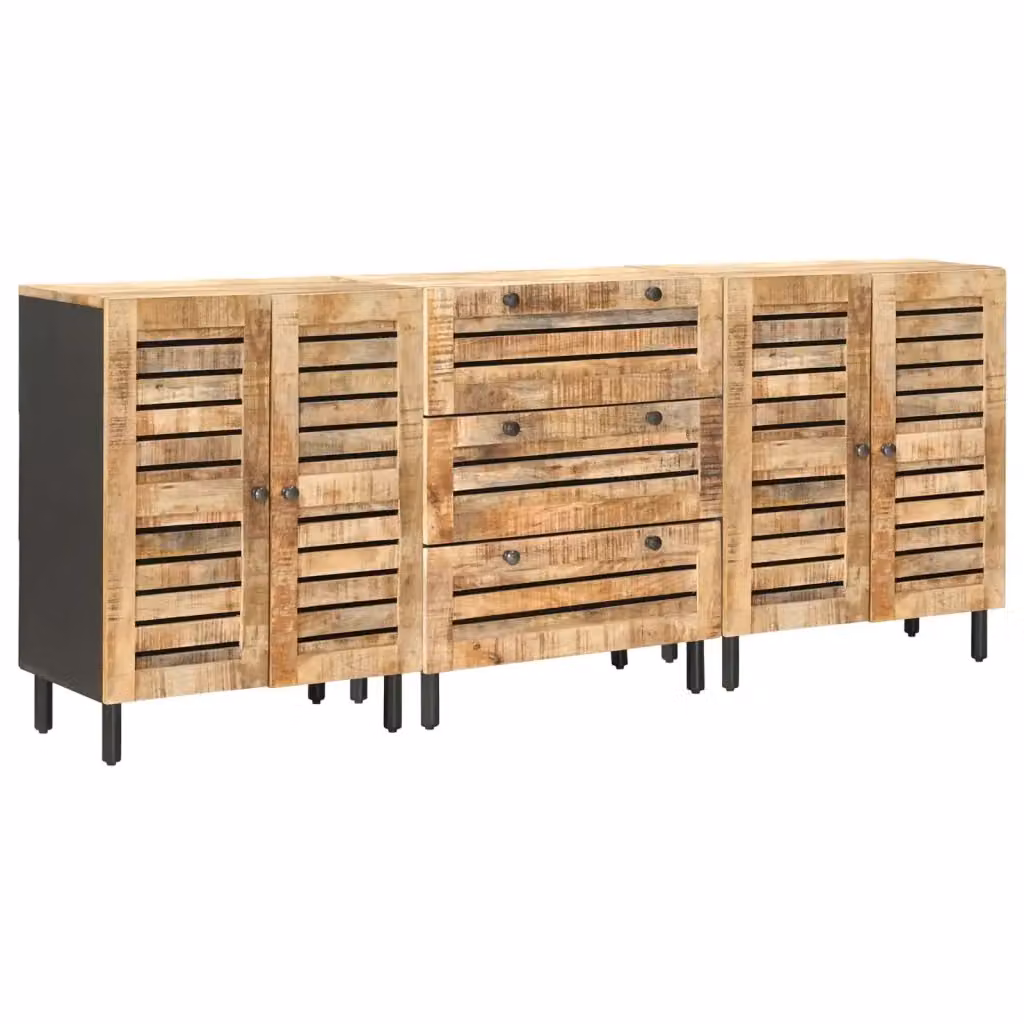 Set di 3 armadi da stoccaggio vidaXL in legno di mango marrone con ante a battente e cassetti, stile minimalista, L: 180 cm, P: 33 cm, H: 75 cm – 2